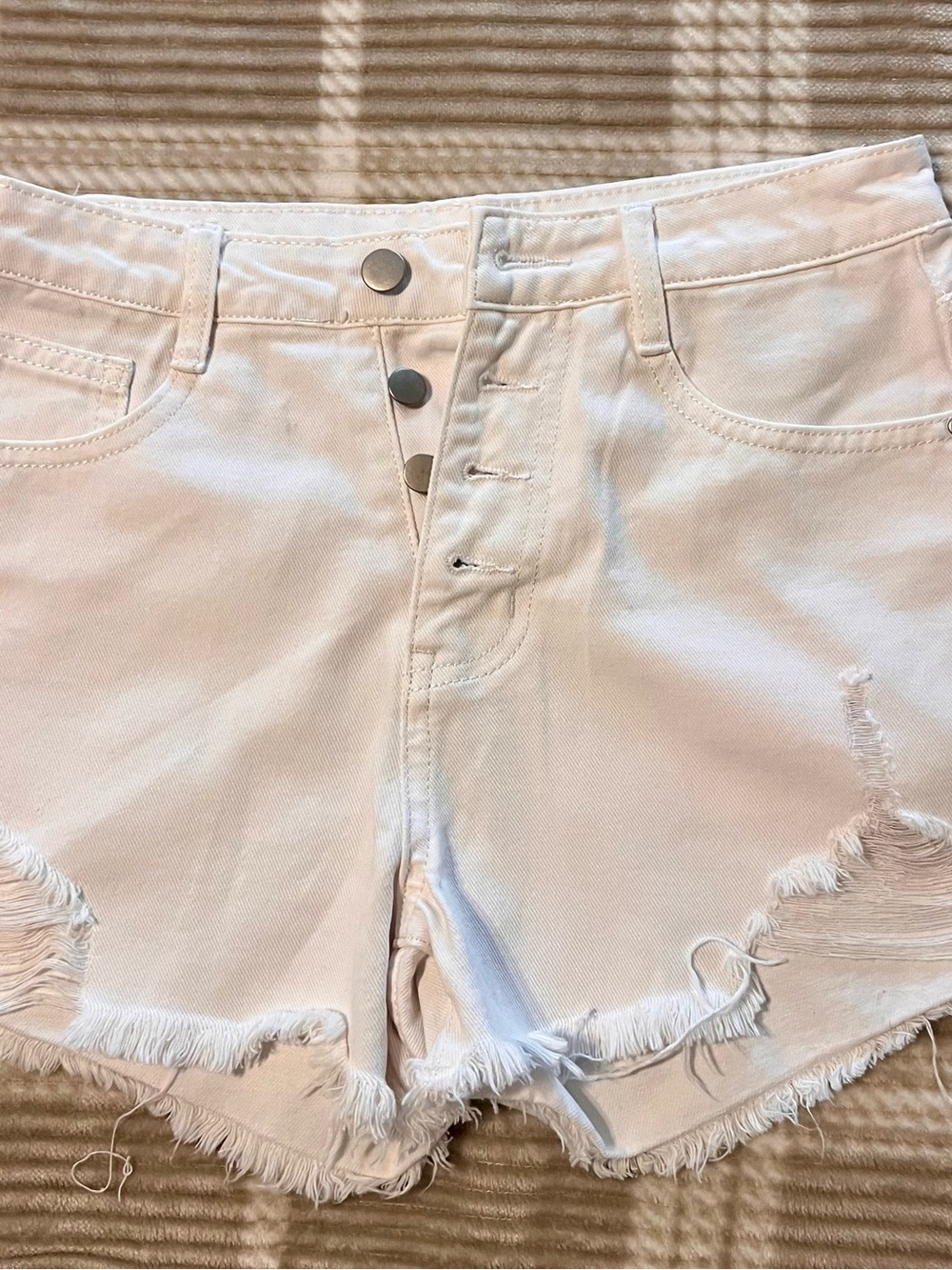 White Distressed Denim Shorts with Button-Fly. Brand; Redial